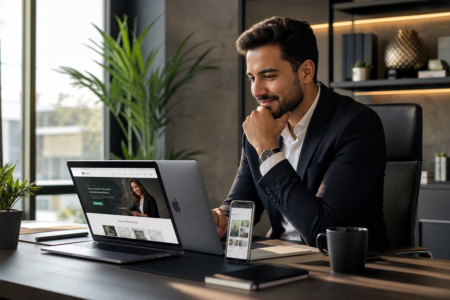 Successful business owner reviewing a premium website strategy in a modern office